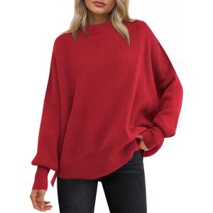 ANRABESS Women Oversized Sweaters Batwing Long Sleeve 2025 Fall Outfits Crewneck Casual Knit Side Slit Fashion Pullover Top(Red)