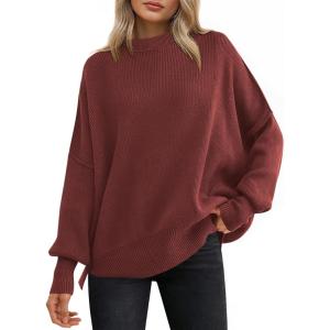 ANRABESS Women Oversized Sweaters Batwing Long Sleeve 2025 Fall Outfits Crewneck Casual Knit Side Slit Fashion Pullover Top(Rust)