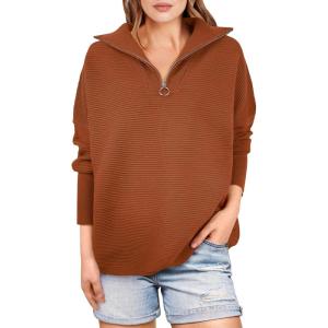 ANRABESS Women Quarter Zip Oversized Casual Loose Rib Knit Cozy Pullover Sweaters Top 2025 Fall Fashion Outfits Clothes(Brown)