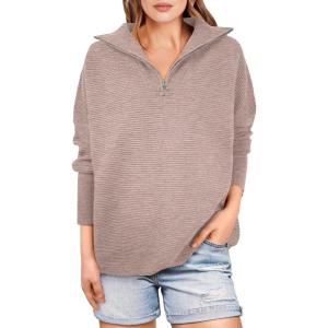 ANRABESS Women Quarter Zip Oversized Casual Loose Rib Knit Cozy Pullover Sweaters Top 2025 Fall Fashion Outfits Clothes(Camel)