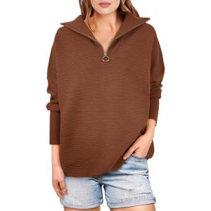 ANRABESS Women Quarter Zip Oversized Casual Loose Rib Knit Cozy Pullover Sweaters Top 2025 Fall Fashion Outfits Clothes(Caramel)