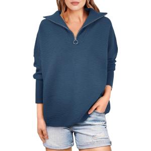 ANRABESS Women Quarter Zip Oversized Casual Loose Rib Knit Cozy Pullover Sweaters Top 2025 Fall Fashion Outfits Clothes(Dusty Deep Blue)