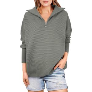 ANRABESS Women Quarter Zip Oversized Casual Loose Rib Knit Cozy Pullover Sweaters Top 2025 Fall Fashion Outfits Clothes(Grass Green)