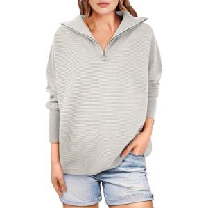 ANRABESS Women Quarter Zip Oversized Casual Loose Rib Knit Cozy Pullover Sweaters Top 2025 Fall Fashion Outfits Clothes(Gray)
