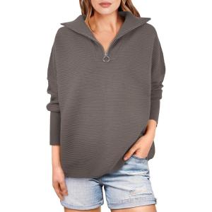 ANRABESS Women Quarter Zip Oversized Casual Loose Rib Knit Cozy Pullover Sweaters Top 2025 Fall Fashion Outfits Clothes(Gray Coffee)