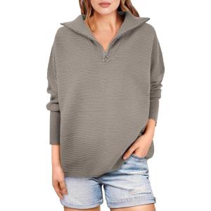 ANRABESS Women Quarter Zip Oversized Casual Loose Rib Knit Cozy Pullover Sweaters Top 2025 Fall Fashion Outfits Clothes(Gray Khaki)