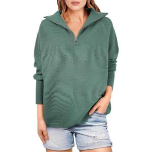 ANRABESS Women Quarter Zip Oversized Casual Loose Rib Knit Cozy Pullover Sweaters Top 2025 Fall Fashion Outfits Clothes(Green)