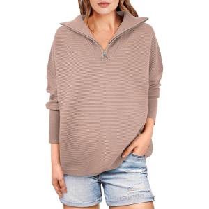 ANRABESS Women Quarter Zip Oversized Casual Loose Rib Knit Cozy Pullover Sweaters Top 2025 Fall Fashion Outfits Clothes(Khaki – Peach Brown)