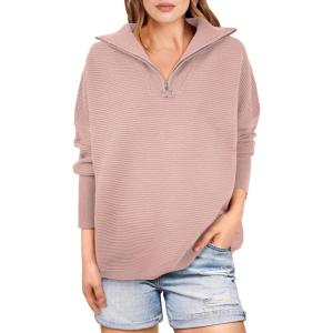 ANRABESS Women Quarter Zip Oversized Casual Loose Rib Knit Cozy Pullover Sweaters Top 2025 Fall Fashion Outfits Clothes(Pink)