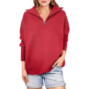 ANRABESS Women Quarter Zip Oversized Casual Loose Rib Knit Cozy Pullover Sweaters Top 2025 Fall Fashion Outfits Clothes(Red)
