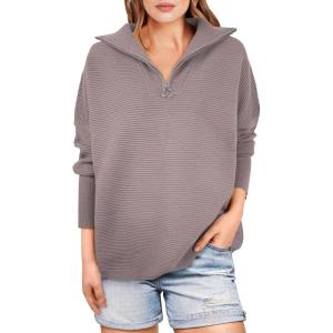 ANRABESS Women Quarter Zip Oversized Casual Loose Rib Knit Cozy Pullover Sweaters Top 2025 Fall Fashion Outfits Clothes(Red Apricot)