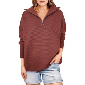 ANRABESS Women Quarter Zip Oversized Casual Loose Rib Knit Cozy Pullover Sweaters Top 2025 Fall Fashion Outfits Clothes(Rust)