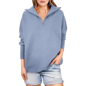 ANRABESS Women Quarter Zip Oversized Casual Loose Rib Knit Cozy Pullover Sweaters Top 2025 Fall Fashion Outfits Clothes(Smoky Blue)