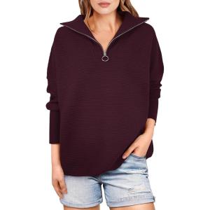 ANRABESS Women Quarter Zip Oversized Casual Loose Rib Knit Cozy Pullover Sweaters Top 2025 Fall Fashion Outfits Clothes(Wine Red)