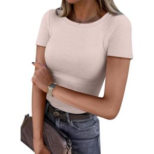 ANRABESS Women Short Sleeve Crewneck Ribbed Knit Slim Fitted Shirts Summer Tops Basic Tee Casual 2025 Fall Outfits Clothes(Apricot)