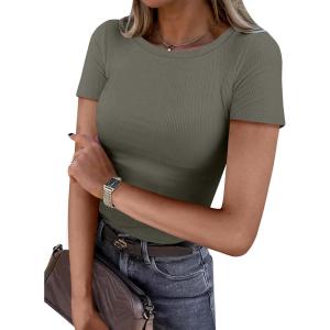 ANRABESS Women Short Sleeve Crewneck Ribbed Knit Slim Fitted Shirts Summer Tops Basic Tee Casual 2025 Fall Outfits Clothes(Army Green)