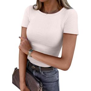 ANRABESS Women Short Sleeve Crewneck Ribbed Knit Slim Fitted Shirts Summer Tops Basic Tee Casual 2025 Fall Outfits Clothes(Beige)