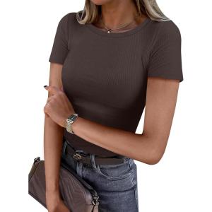 ANRABESS Women Short Sleeve Crewneck Ribbed Knit Slim Fitted Shirts Summer Tops Basic Tee Casual 2025 Fall Outfits Clothes(Brown)