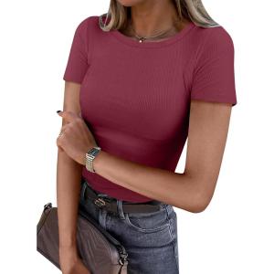 ANRABESS Women Short Sleeve Crewneck Ribbed Knit Slim Fitted Shirts Summer Tops Basic Tee Casual 2025 Fall Outfits Clothes(Burgundy)
