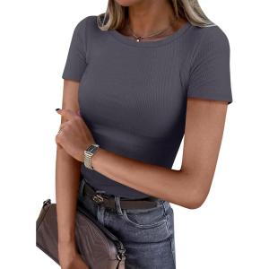 ANRABESS Women Short Sleeve Crewneck Ribbed Knit Slim Fitted Shirts Summer Tops Basic Tee Casual 2025 Fall Outfits Clothes(Charcoal)