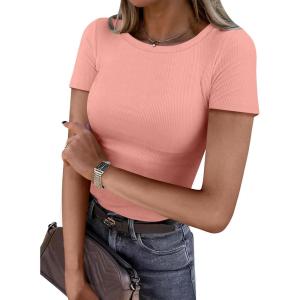 ANRABESS Women Short Sleeve Crewneck Ribbed Knit Slim Fitted Shirts Summer Tops Basic Tee Casual 2025 Fall Outfits Clothes(Coral)