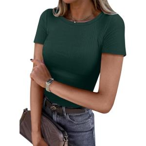 ANRABESS Women Short Sleeve Crewneck Ribbed Knit Slim Fitted Shirts Summer Tops Basic Tee Casual 2025 Fall Outfits Clothes(Forest Green)