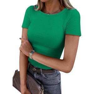 ANRABESS Women Short Sleeve Crewneck Ribbed Knit Slim Fitted Shirts Summer Tops Basic Tee Casual 2025 Fall Outfits Clothes(Green)