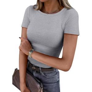 ANRABESS Women Short Sleeve Crewneck Ribbed Knit Slim Fitted Shirts Summer Tops Basic Tee Casual 2025 Fall Outfits Clothes(Grey)