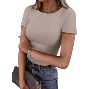 ANRABESS Women Short Sleeve Crewneck Ribbed Knit Slim Fitted Shirts Summer Tops Basic Tee Casual 2025 Fall Outfits Clothes(Light Khaki)