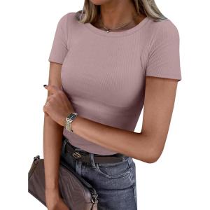 ANRABESS Women Short Sleeve Crewneck Ribbed Knit Slim Fitted Shirts Summer Tops Basic Tee Casual 2025 Fall Outfits Clothes(Nutmeg)