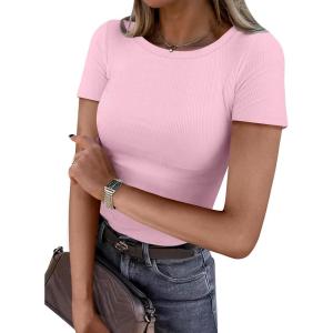 ANRABESS Women Short Sleeve Crewneck Ribbed Knit Slim Fitted Shirts Summer Tops Basic Tee Casual 2025 Fall Outfits Clothes(Pink)