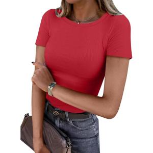 ANRABESS Women Short Sleeve Crewneck Ribbed Knit Slim Fitted Shirts Summer Tops Basic Tee Casual 2025 Fall Outfits Clothes(Red)