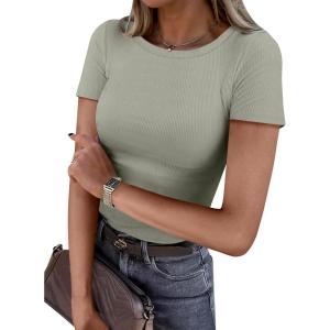ANRABESS Women Short Sleeve Crewneck Ribbed Knit Slim Fitted Shirts Summer Tops Basic Tee Casual 2025 Fall Outfits Clothes(Sage Green)