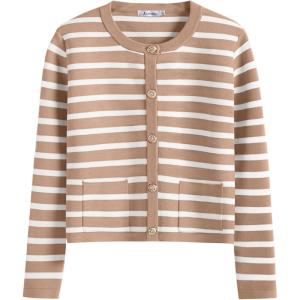 ANRABESS Women Striped Cardigan Sweaters Button Down Cropped Knit Lady Jackets Coat 2025 Fall Outfits Trendy Clothes(Apricot White Stripe)