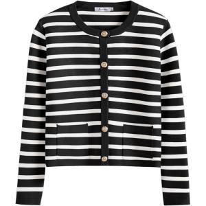 ANRABESS Women Striped Cardigan Sweaters Button Down Cropped Knit Lady Jackets Coat 2025 Fall Outfits Trendy Clothes(Black White Stripe)