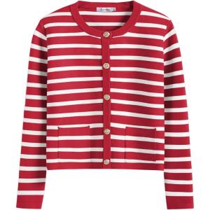 ANRABESS Women Striped Cardigan Sweaters Button Down Cropped Knit Lady Jackets Coat 2025 Fall Outfits Trendy Clothes(Red White Stripe)