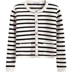 ANRABESS Women Striped Cardigan Sweaters Button Down Cropped Knit Lady Jackets Coat 2025 Fall Outfits Trendy Clothes(White Black Stripe)
