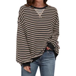 ANRABESS Women Striped Sweatshirts Oversized Crewneck Long Sleeve Shirts Y2K Pullover Top 2025 Fall Outfits Fashion Clothes(Black Grey)