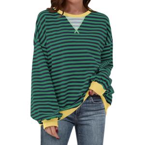 ANRABESS Women Striped Sweatshirts Oversized Crewneck Long Sleeve Shirts Y2K Pullover Top 2025 Fall Outfits Fashion Clothes(Blue Green)