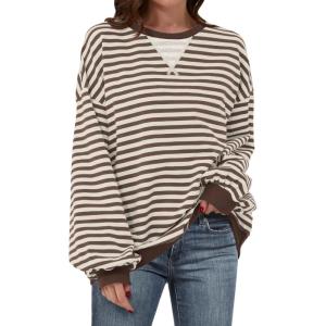 ANRABESS Women Striped Sweatshirts Oversized Crewneck Long Sleeve Shirts Y2K Pullover Top 2025 Fall Outfits Fashion Clothes(Brown White)
