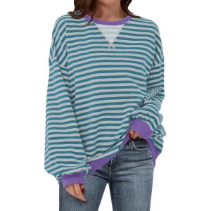 ANRABESS Women Striped Sweatshirts Oversized Crewneck Long Sleeve Shirts Y2K Pullover Top 2025 Fall Outfits Fashion Clothes(Green Grey)