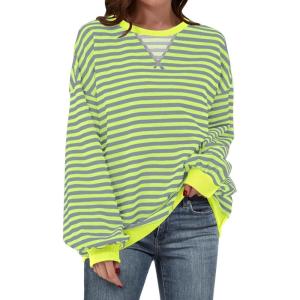 ANRABESS Women Striped Sweatshirts Oversized Crewneck Long Sleeve Shirts Y2K Pullover Top 2025 Fall Outfits Fashion Clothes(Grey Fluorescent Green)