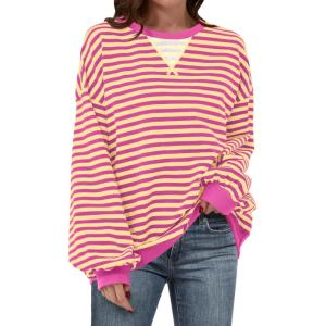 ANRABESS Women Striped Sweatshirts Oversized Crewneck Long Sleeve Shirts Y2K Pullover Top 2025 Fall Outfits Fashion Clothes(Hot Pink Yellow)