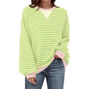 ANRABESS Women Striped Sweatshirts Oversized Crewneck Long Sleeve Shirts Y2K Pullover Top 2025 Fall Outfits Fashion Clothes(Light Yellow Green)