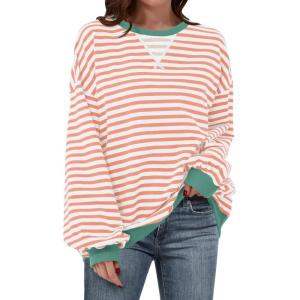 ANRABESS Women Striped Sweatshirts Oversized Crewneck Long Sleeve Shirts Y2K Pullover Top 2025 Fall Outfits Fashion Clothes(Orange White)