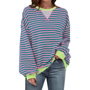 ANRABESS Women Striped Sweatshirts Oversized Crewneck Long Sleeve Shirts Y2K Pullover Top 2025 Fall Outfits Fashion Clothes(Pink Green)