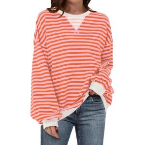 ANRABESS Women Striped Sweatshirts Oversized Crewneck Long Sleeve Shirts Y2K Pullover Top 2025 Fall Outfits Fashion Clothes(Pink Orange)