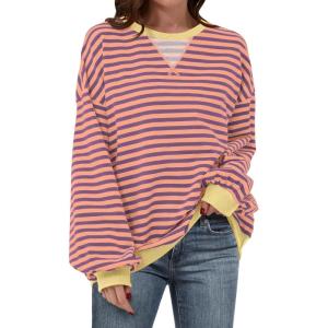 ANRABESS Women Striped Sweatshirts Oversized Crewneck Long Sleeve Shirts Y2K Pullover Top 2025 Fall Outfits Fashion Clothes(Purple Orange)