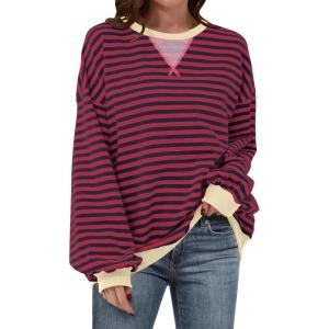 ANRABESS Women Striped Sweatshirts Oversized Crewneck Long Sleeve Shirts Y2K Pullover Top 2025 Fall Outfits Fashion Clothes(Red Blue)