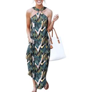 ANRABESS Women Summer Halter Neck Sundress Sleeveless Split Side Casual Beach Travel Vacation Maxi Long Dress with Pockets(Leaf)